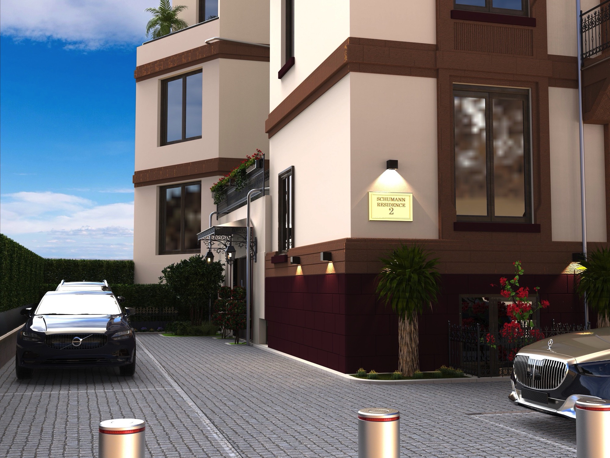 Schumann Residence street view showing modern architectural facade with elegant natural stone details in Frankfurt Westend
