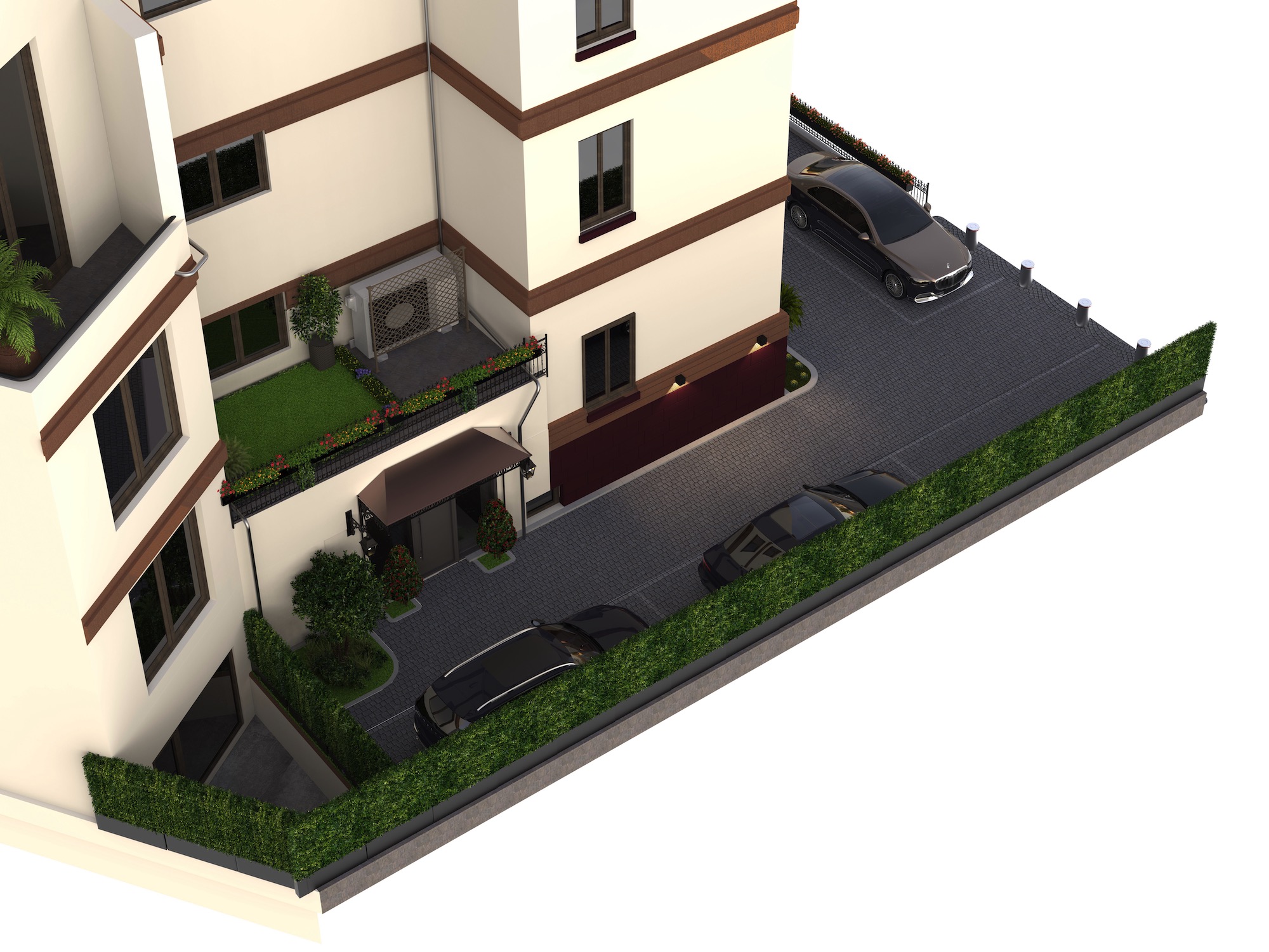 Schumann Residence private courtyard garden showing landscaped green spaces, raised lawn deck with lush hedging, blooming plant containers creating a peaceful urban oasis retreat